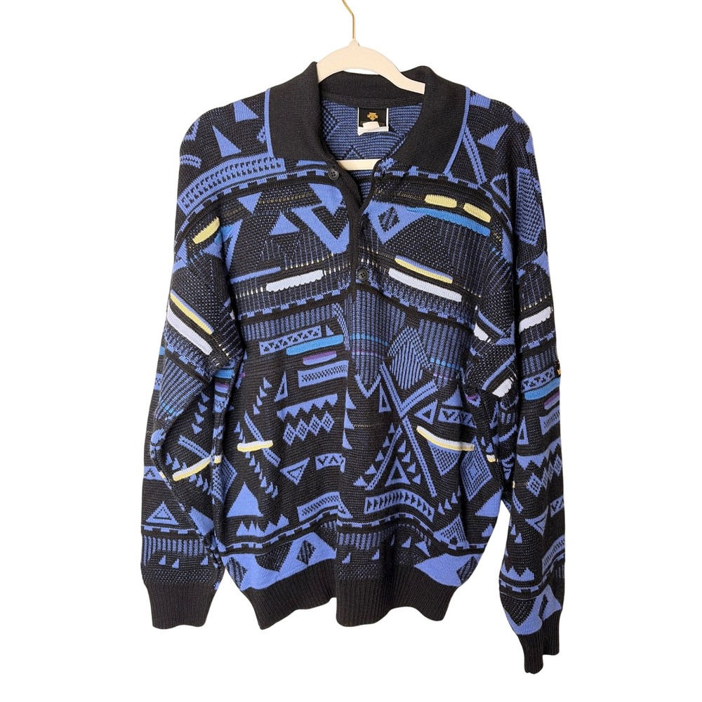 Vintage Descente Geometric Pullover Sweater Black & Blue Wool Blend Mens Large